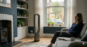 A space-saving slim living room tower fan tucked neatly into the corner of a Victorian-style lounge.