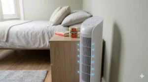 A slim black oscillating tower fan tucked into a narrow space between a wardrobe and a bedroom wall.