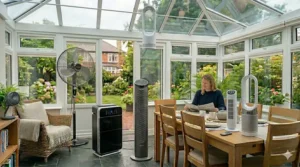 Compact USB-powered portable fan on a wooden desk inside a conservatory being used as a home office