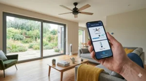 A hand using a smartphone app to adjust a smart fan in a large contemporary living space.