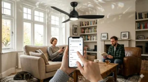 A close-up of a hand using a mobile app to adjust the speed of a smart fan in a British sitting room.