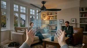 A pair of hands projecting a holographic voice control interface for a smart fan in a UK lounge.