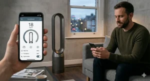 A smartphone app interface controlling a smart living room tower fan in a contemporary UK flat.