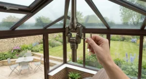 An energy-efficient DC motor conservatory ceiling fan with spotlight fixtures mounted onto a freshly converted, fully insulated plastered conservatory ceiling.