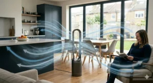 An illustration showing the wide-angle oscillation airflow of a living room tower fan cooling a large open-plan space.