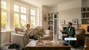 A side-by-side comparison on a coffee table of a traditional brass fan versus a modern smart tower fan.