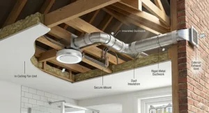 A side-profile view illustrating how a quiet bathroom extractor fan unit can be mounted directly onto a tiled bathroom wall.