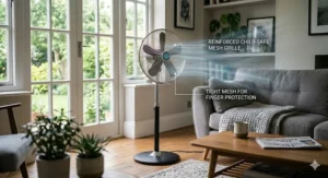 A diagram showing the 90-degree wide-angle oscillation of a floor fan cooling a large open-plan living area.