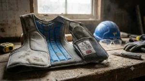 A worker adjusting the side straps of a cooling vest to ensure a comfortable, secure fit.