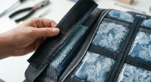 A close-up showing the adjustable hook and loop side straps on a cooling vest to ensure a secure fit.