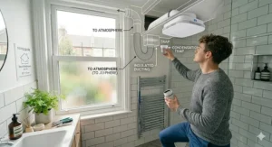 Diagram showing a condensation trap installed with a ceiling-mounted bathroom fan.