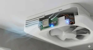 Diagram showing how a smart bathroom fan humidity sensor detects steam to switch on automatically.