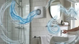 Diagram showing effective steam removal patterns for a bathroom fan with timer.