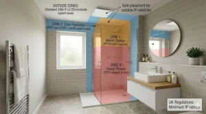 Technical diagram illustrating IP-rated bathroom zones for safe extractor fan placement in the UK.