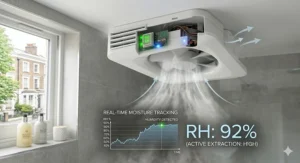 A 4K photorealistic technical illustration showing optimal ceiling placement zones for a bathroom extractor fan with a humidity sensor, tracking steam from a shower.