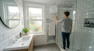 Diagram illustrating the ideal placement of an extractor fan away from shower zones.