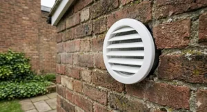 A professional installation of a circular external ventilation grille on a classic British red brick wall.