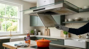 A high-resolution photo of a ceiling-mounted island extractor fan suspended over a central kitchen island, with the ducting pipe clearly running vertically through the ceiling void.