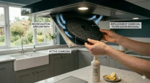 Replacement charcoal filter used for a recirculating kitchen extractor hood.