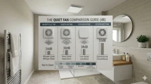 A comparison chart showing low-decibel ratings for quiet bathroom ceiling extractor fans.