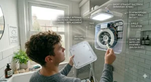 Step-by-step graphic showing how to remove and clean the grille of a bathroom fan.