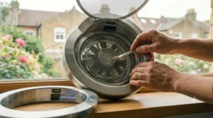 Person carefully cleaning the grease filter of a kitchen window extractor fan with a brush.