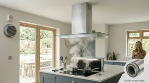 A finished installation of a quiet kitchen extractor fan in a contemporary island, with a detail view of the acoustic insulation.