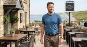 A man walking in the city on a warm day wearing a breathable cooling shirt.