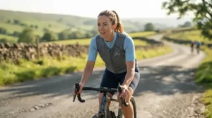 A cyclist wearing a comfortable, snug-fitting cooling vest for thermal regulation.