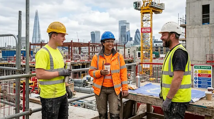 A construction worker wearing a cooling vest over a hi-vis top on a hot, sunny building site. cooling vest for construction workers