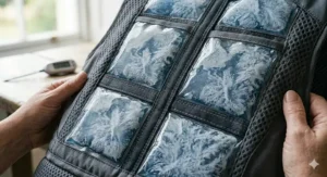Showing the interior structure of the cooling vest where multiple phase change material packs are positioned.