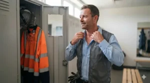 Showing how a slimline cooling vest fits discreetly under a regular work shirt.