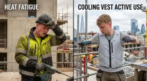 A diagram illustrating how a cooling vest helps maintain body temperature for site workers.