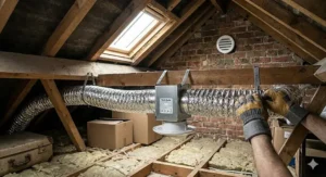 A view inside a UK loft space showing a complete inline bathroom extractor fan system with ducting installed between timber joists.