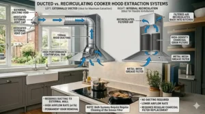 Diagram showing the difference between ducted and recirculating cooker hood systems.