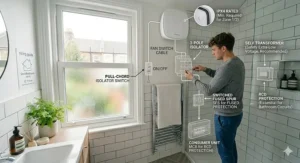 Illustration showing safe electrical isolation switch setup for a bathroom extractor fan.