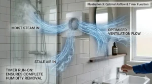 Graphic demonstrating energy-efficient airflow from a bathroom fan with timer.