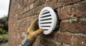 Close-up of a circular white external wall vent cover being fitted to a traditional British brick exterior wall.