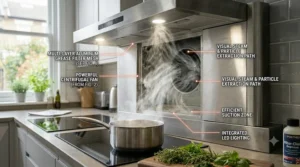 An illustration showing the internal air extraction path, demonstrating how steam and cooking particles are captured by the extractor fan.
