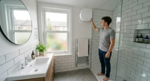 Technical diagram showing recommended fan size and ducting for a small UK bathroom.