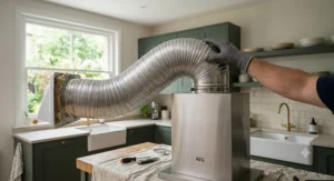 A close-up view of flexible, semi-rigid aluminium ducting pipe being positioned by a gloved hand onto the outlet collar of a stainless steel extractor fan unit.