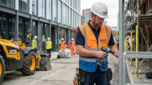 Tradesperson wearing a high-vis cooling vest on a busy construction site.