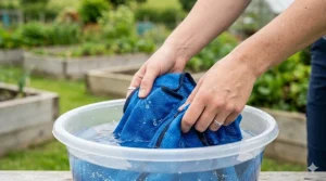 A close-up photorealistic illustration of hands submerging the technical blue and grey evaporative cooling vest into a clear water basin, capturing the hydration and texture of the fibres under natural light.