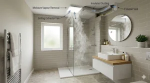 Diagram showing how a ceiling extractor fan removes steam and moisture from a bathroom.