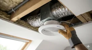 A tradesperson installing an inline bathroom extractor fan unit into a ceiling cavity, showing the connection to flexible ducting.
