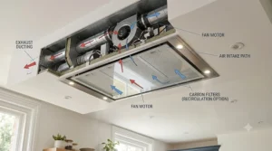 Diagram showing how a kitchen ceiling extractor fan pulls steam and cooking odours upwards through ceiling ducting.