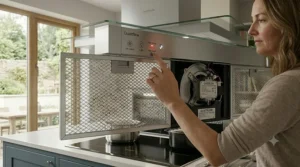 Close-up of a hand opening the housing on a high-efficiency quiet kitchen extractor fan.