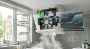 A close-up view of a removable, easy-to-clean filter on a modern humidity-controlled bathroom fan.