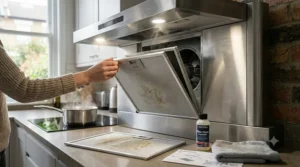 A close-up showing a person removing a metal mesh grease filter from a kitchen extractor fan to clean it with degreaser.