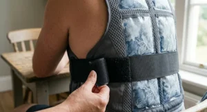 Hands sliding a recharged cooling pack into the designated pocket of a phase change cooling vest.